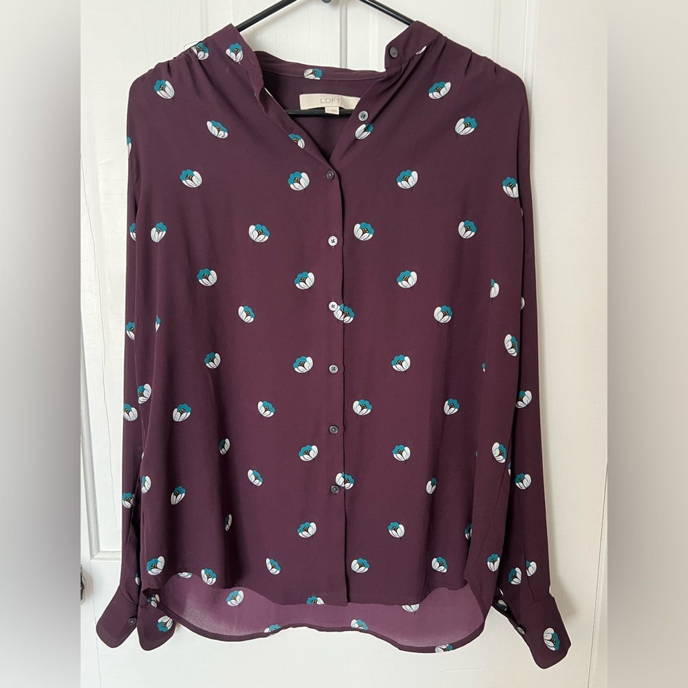 LOFT Women's Plum Purple Semi-Sheer Button-Down Blouse Floral Print S